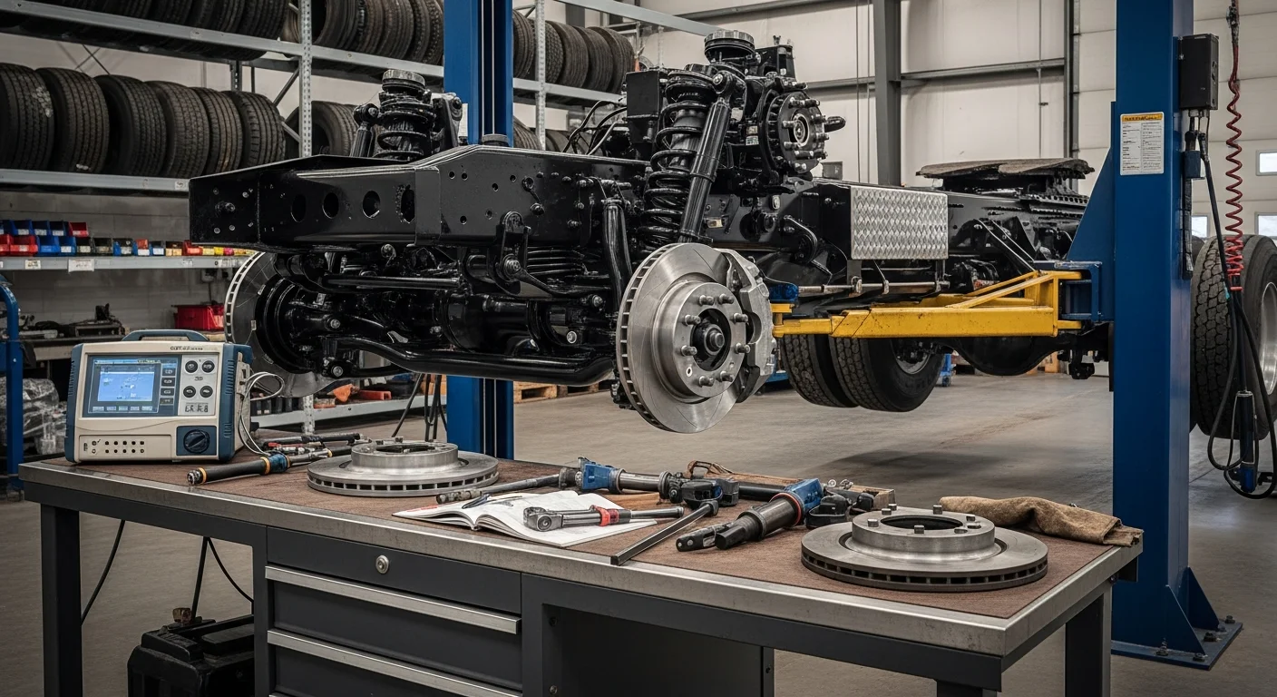 Brake and suspension assembly on a shop workbench